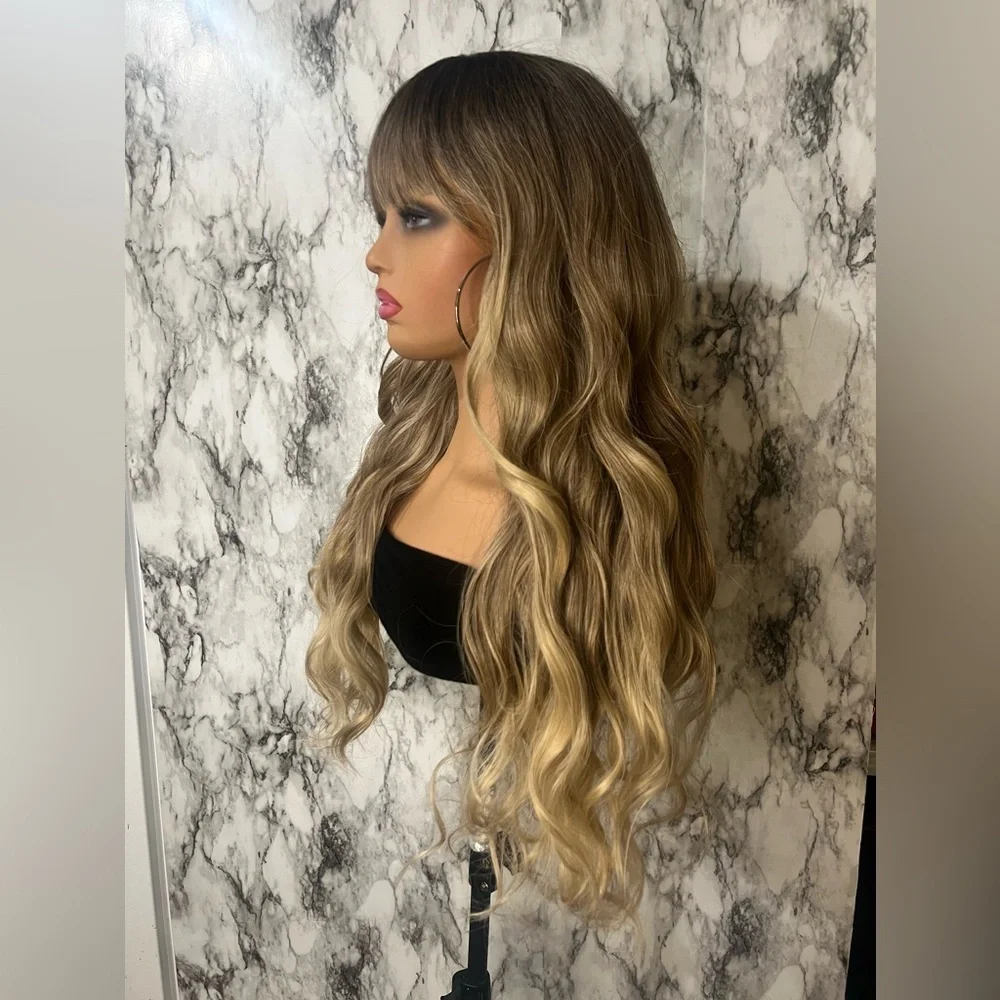 24 Inch Ombre Brown Rooted & Blonde highlights Wavy Hair with bangs  Lon… - Picture 10 of 11